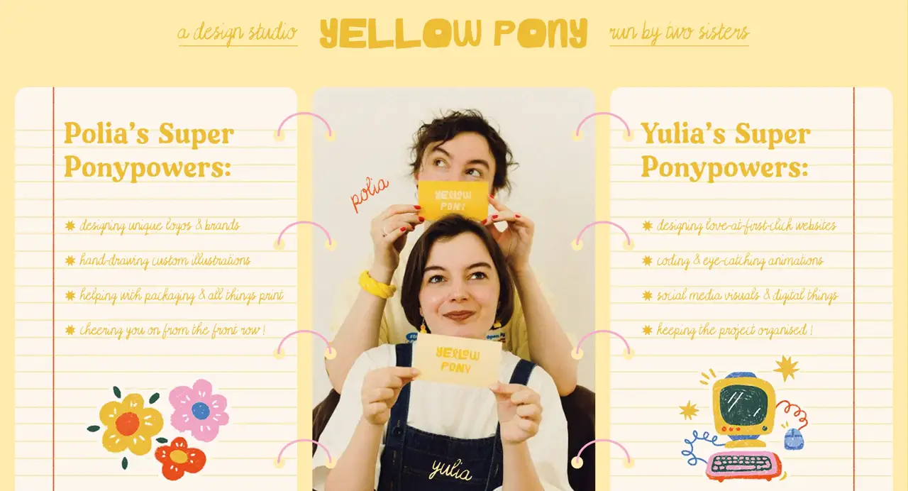 Секция «О компании» с сайта https://yellowpony.co.uk/, тематика — Другое, цвета — Белый, Желтый, стиль — Рисованный, Ретро, типографика — Рукописные, Декоративные