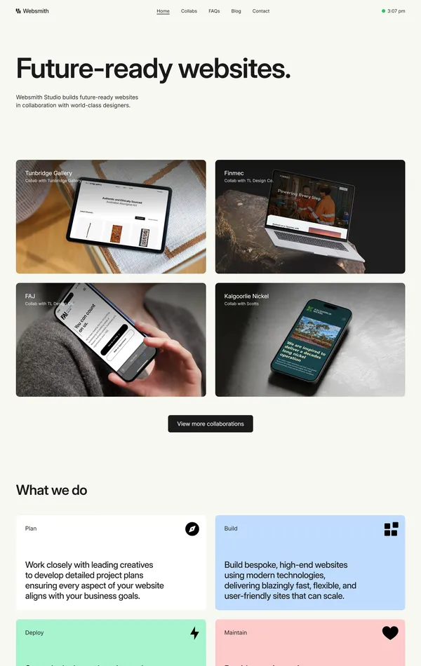 Главная Websmith Studio, тематика — IT и программное обеспечение, цвета — Белый, Черный, Серый, стиль — Корпоративный, Минимализм, типографика — Без засечек