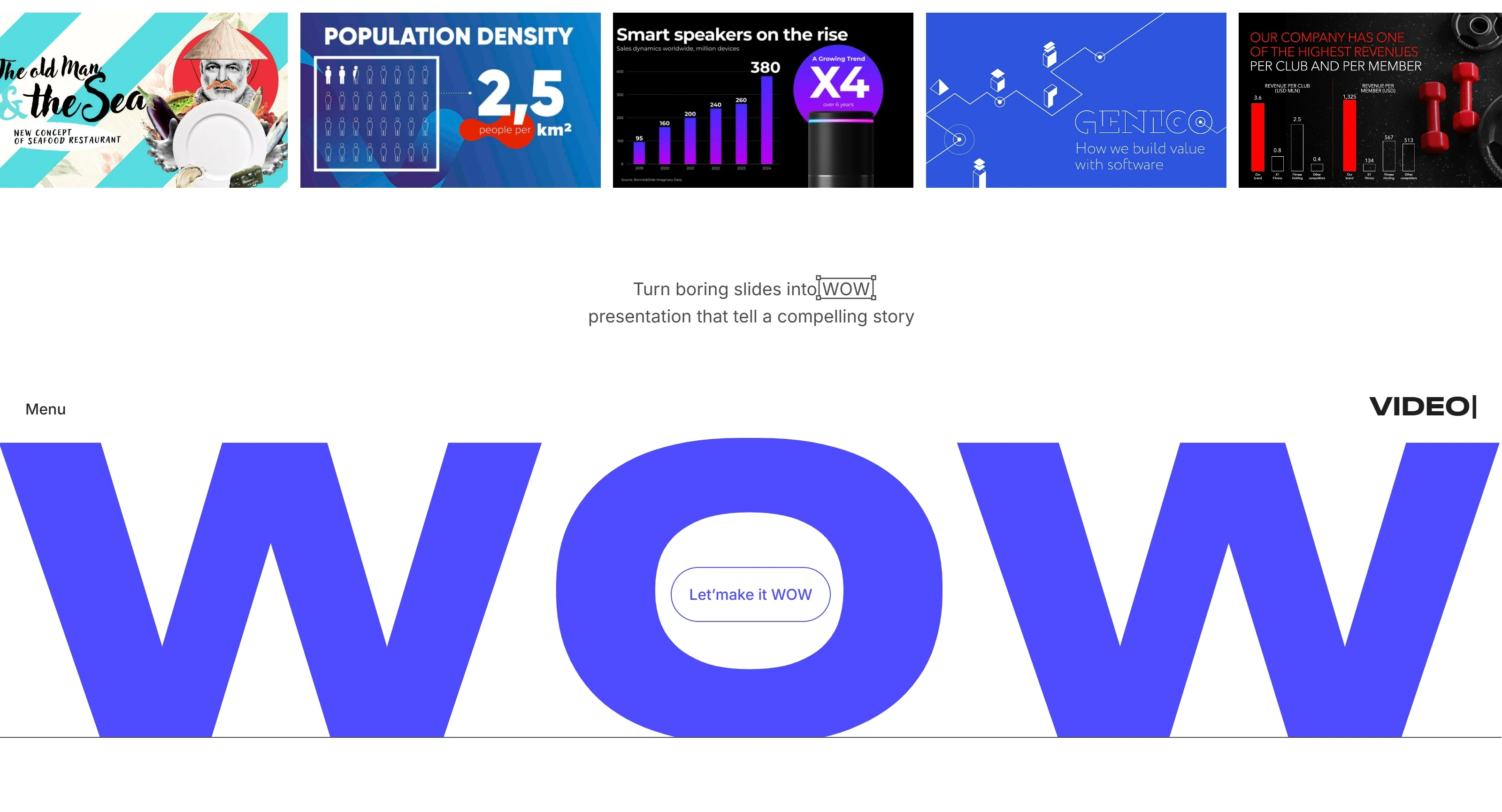 WOWSLIDE Секция «Первый экран» с сайта https://wow-slide.com/, тематика — Агентство , цвета — Белый, Черный, Фиолетовый, стиль — Корпоративный, Минимализм, типографика — Без засечек, Декоративные