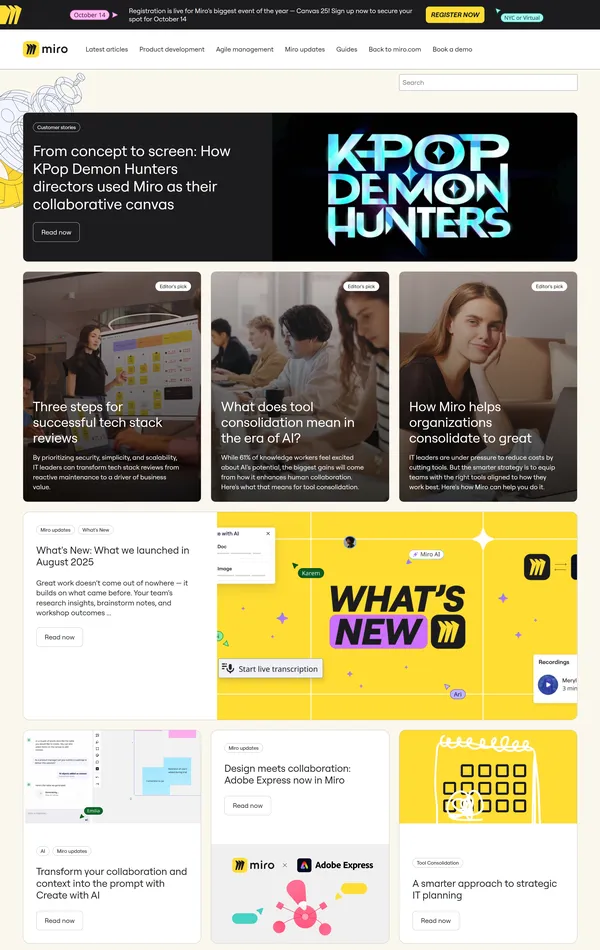 Блог Miro, тематика — IT и программное обеспечение, цвета — Белый, Черный, Серый, стиль — Корпоративный, типографика — Без засечек