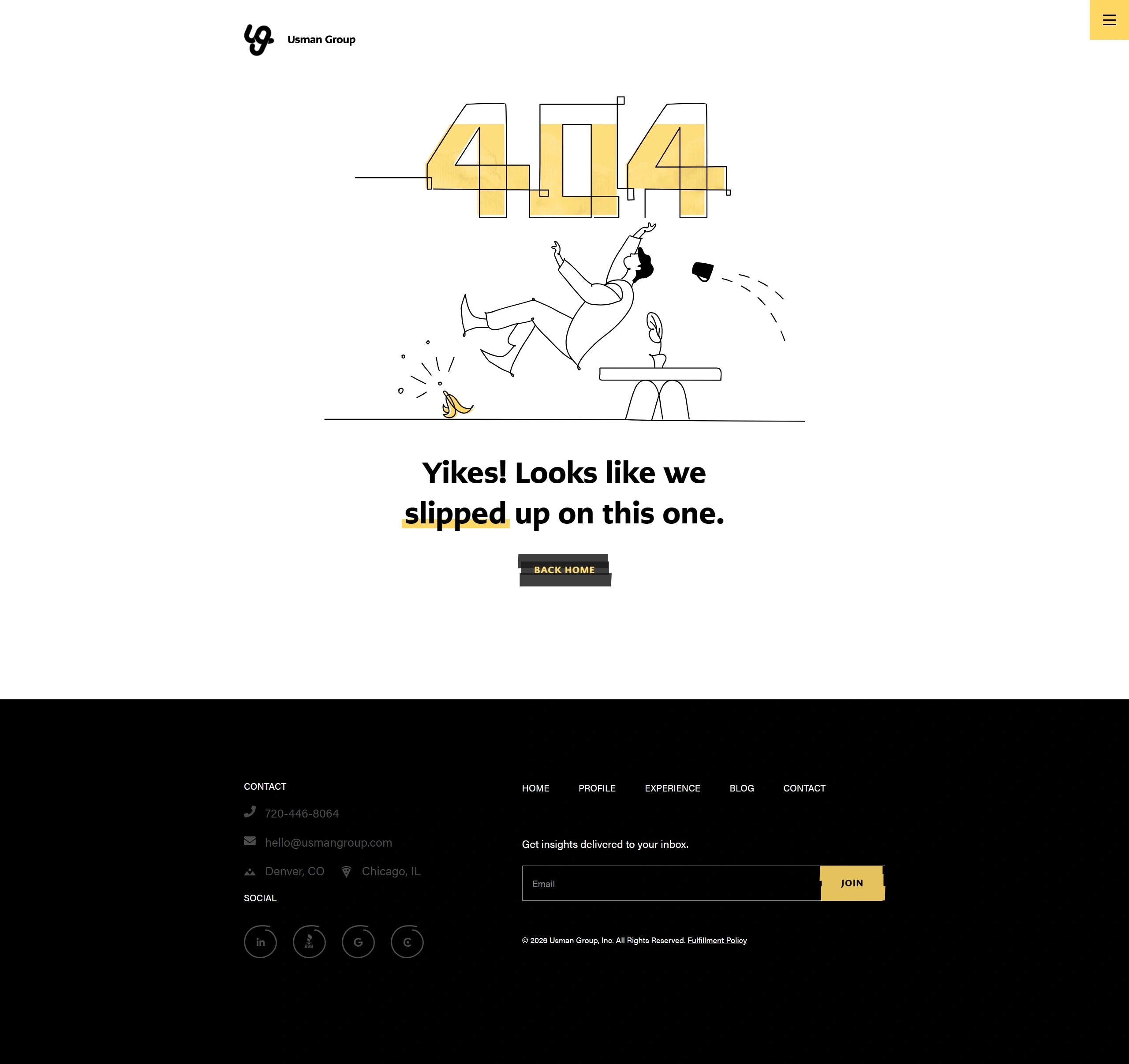 Usman Group 404-страница Usman Group, тематика — Агентство , цвета — Белый, Черный, стиль — Рисованный, Минимализм, типографика — Без засечек, Декоративные