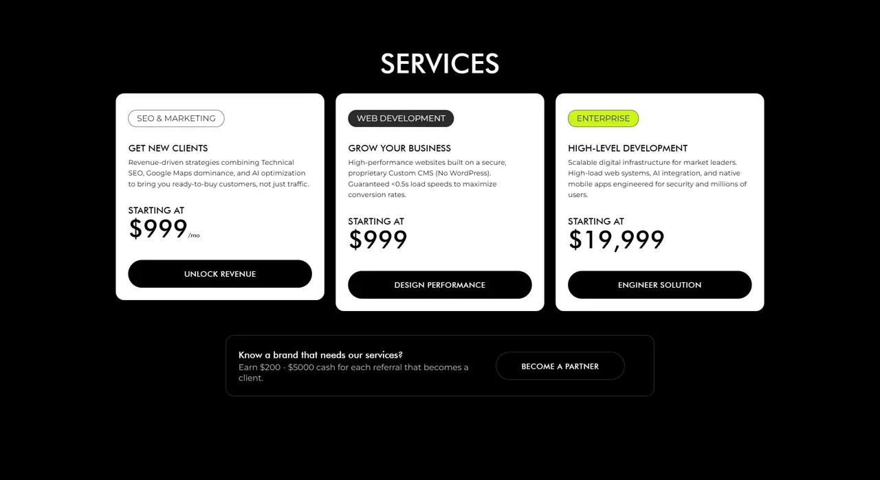 Секция «Услуги» с сайта https://unitedofweb.com/, тематика — IT и программное обеспечение, цвета — Белый, Черный, стиль — Карточный, Минимализм, типографика — Без засечек