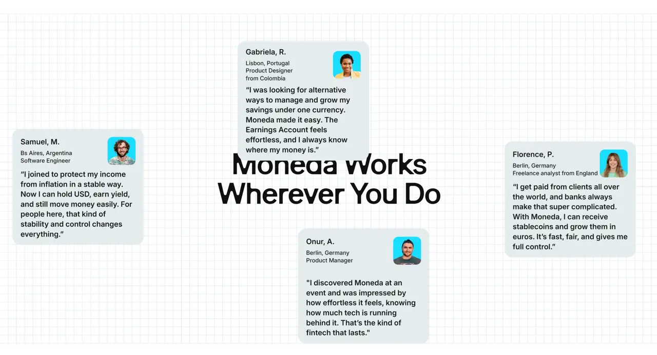 Секция «Отзывы» с сайта https://moneda.com/, тематика — Финансы, цвета — Белый, Серый, стиль — Корпоративный, Карточный, типографика — Без засечек, Декоративные