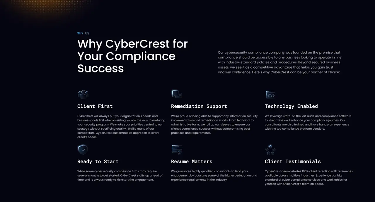 Секция «Преимущества» с сайта https://www.cybercrestcompliance.com/, тематика — Бизнес и профессиональные услуги, цвета — Черный, стиль — Корпоративный, Минимализм, типографика — Без засечек