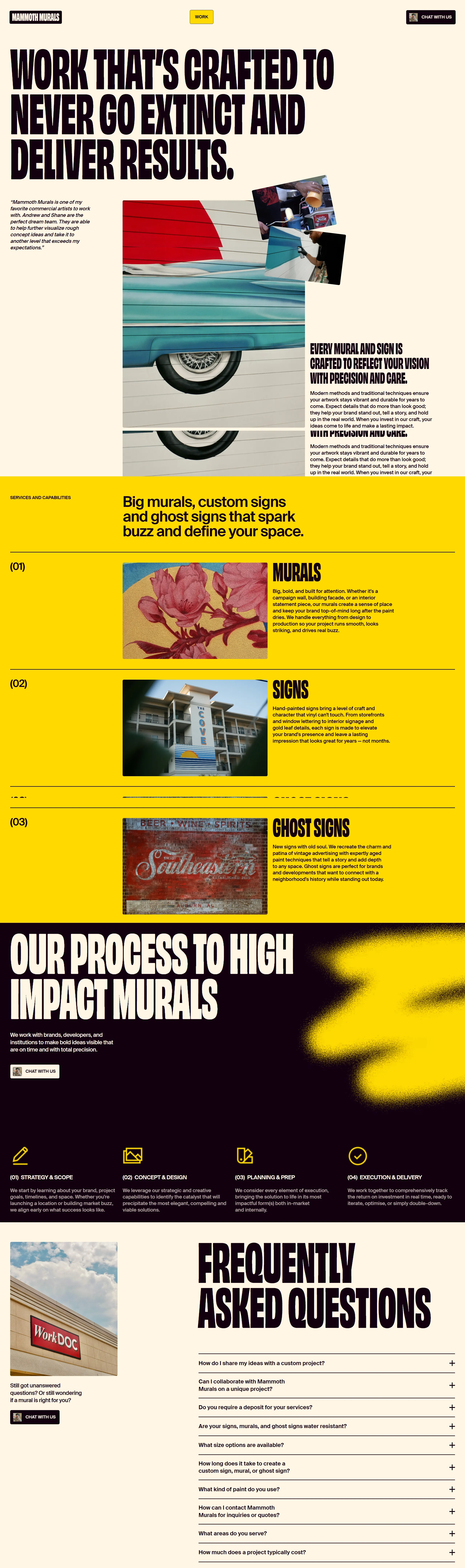 Услуги Mammoth Murals, тематика — Искусство, цвета — Белый, Черный, Серый, Оранжевый, стиль — Типографика, Брутализм, типографика — Без засечек, Декоративные