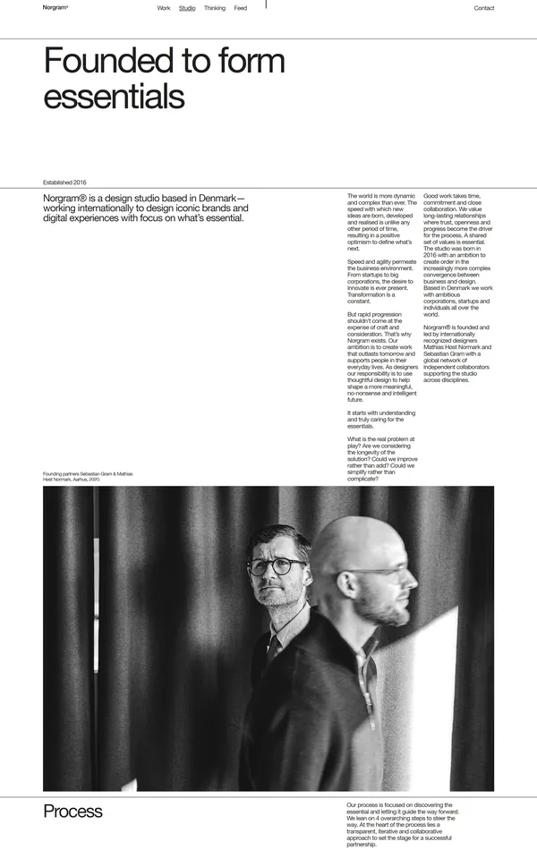 Страница о компании Norgram, тематика — Дизайн, цвета — Белый, стиль — Минимализм, типографика — Без засечек