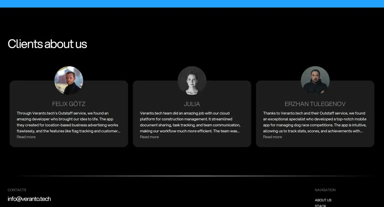 Секция «Отзывы» с сайта https://www.veranto.tech/, тематика — IT и программное обеспечение, цвета — Черный, стиль — Корпоративный, Карточный, Минимализм, типографика — Без засечек