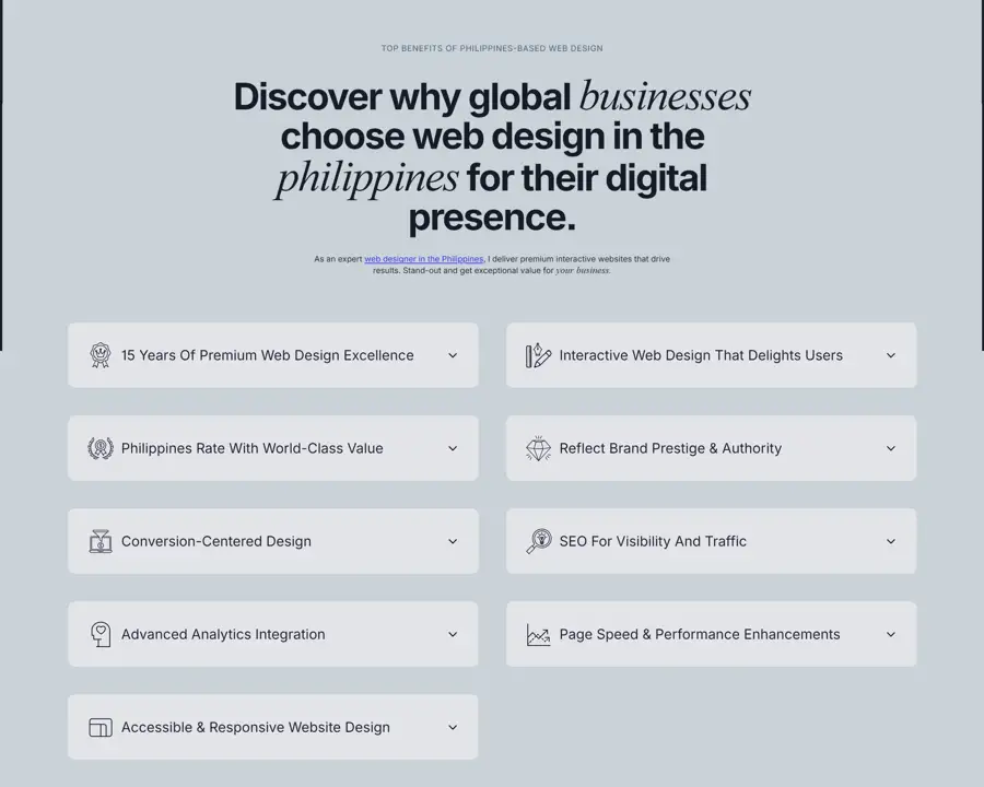 Секция «Преимущества» с сайта https://dixieraizpacheco.com/, тематика — Дизайн, цвета — Белый, стиль — Корпоративный, Минимализм, типографика — С засечками, Без засечек