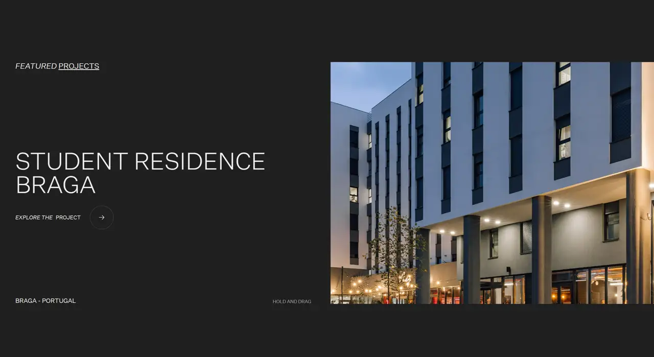 Секция «Портфолио» с сайта https://www.pgarquitectos.pt/, тематика — Строительство, цвета — Черный, Серый, стиль — Корпоративный, Минимализм, типографика — Без засечек