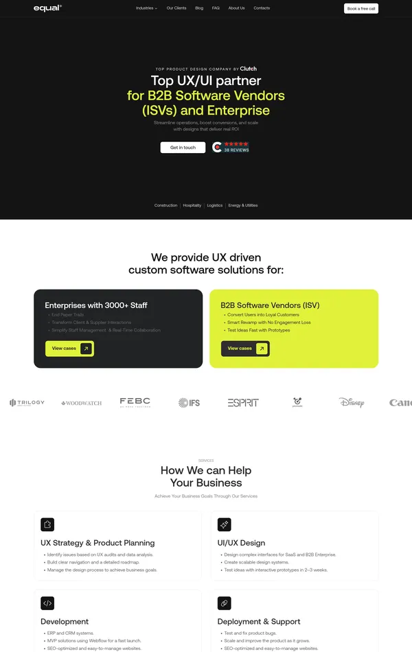 Главная Equal Design, тематика — IT и программное обеспечение, цвета — Белый, Черный, стиль — Минимализм, типографика — Без засечек