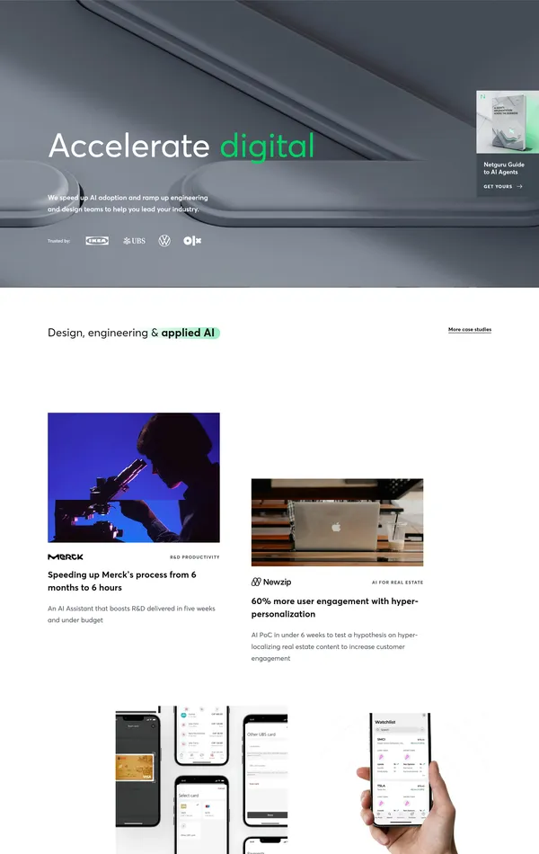 Главная Netguru, тематика — IT и программное обеспечение, цвета — Белый, Серый, стиль — Корпоративный, Полигональный, типографика — Без засечек