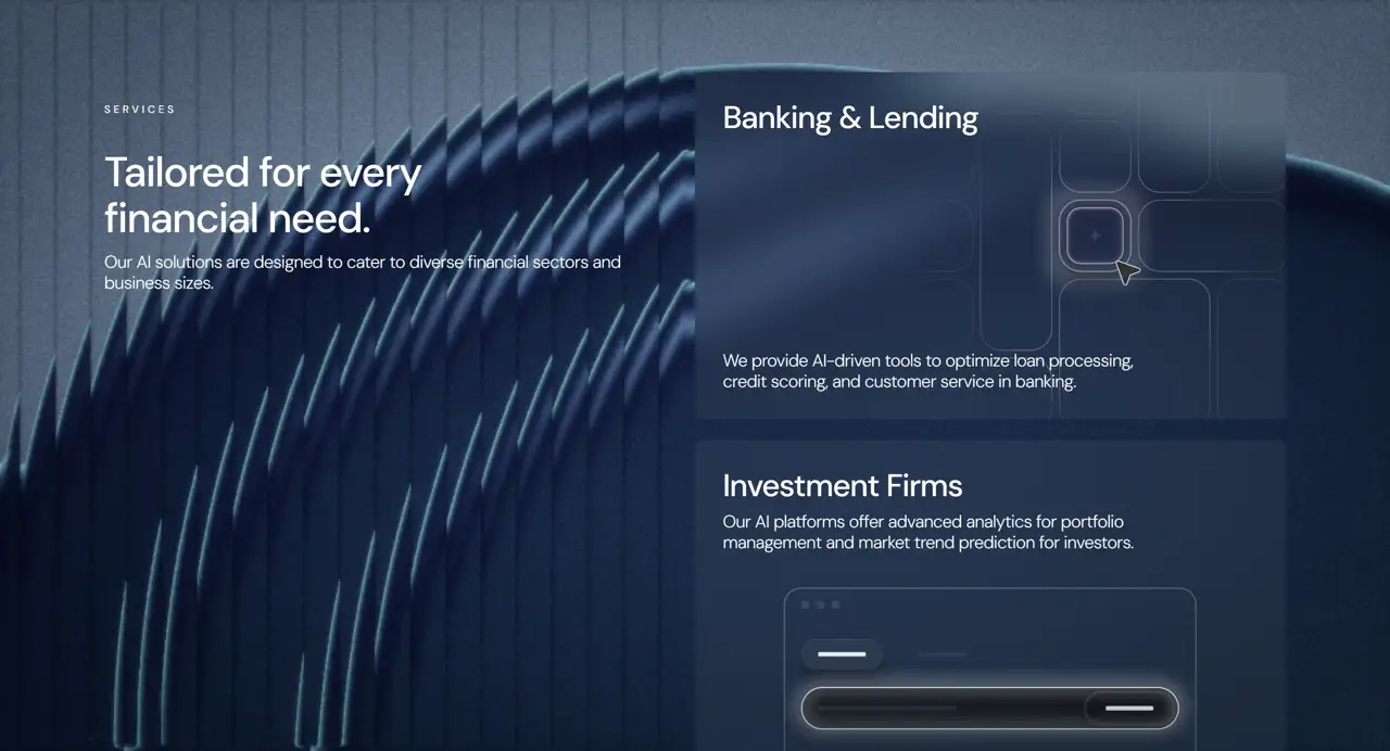 Секция «Услуги» с сайта https://futureoffinance.peachweb.io/, тематика — Финансы, цвета — Черный, Серый, стиль — Корпоративный, Карточный, типографика — Без засечек