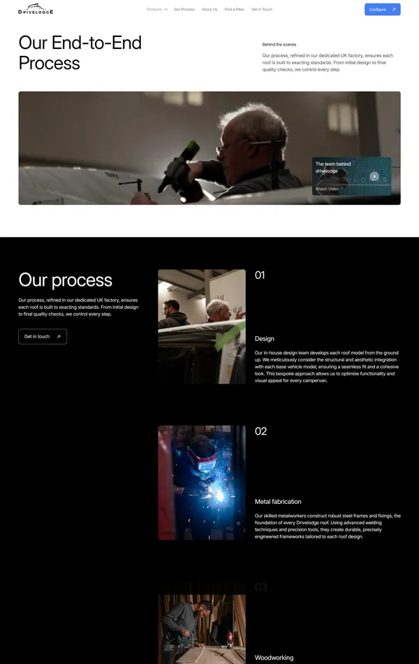Страница о компании Drivelodge, тематика — Производство, цвета — Белый, Черный, стиль — Корпоративный, Минимализм, типографика — Без засечек