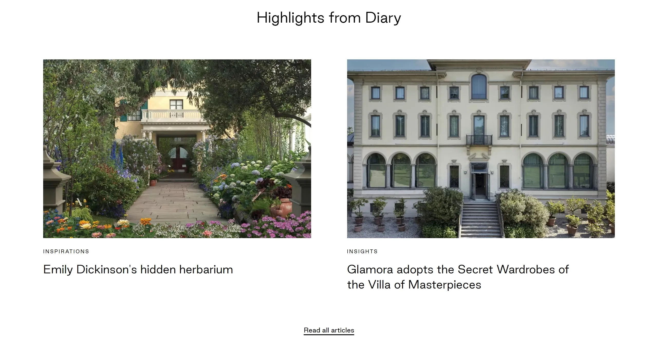 Секция «Контент» с сайта https://www.glamora.it/en, тематика — Дизайн, Искусство, цвета — Белый, Серый, стиль — Классический, типографика — Без засечек