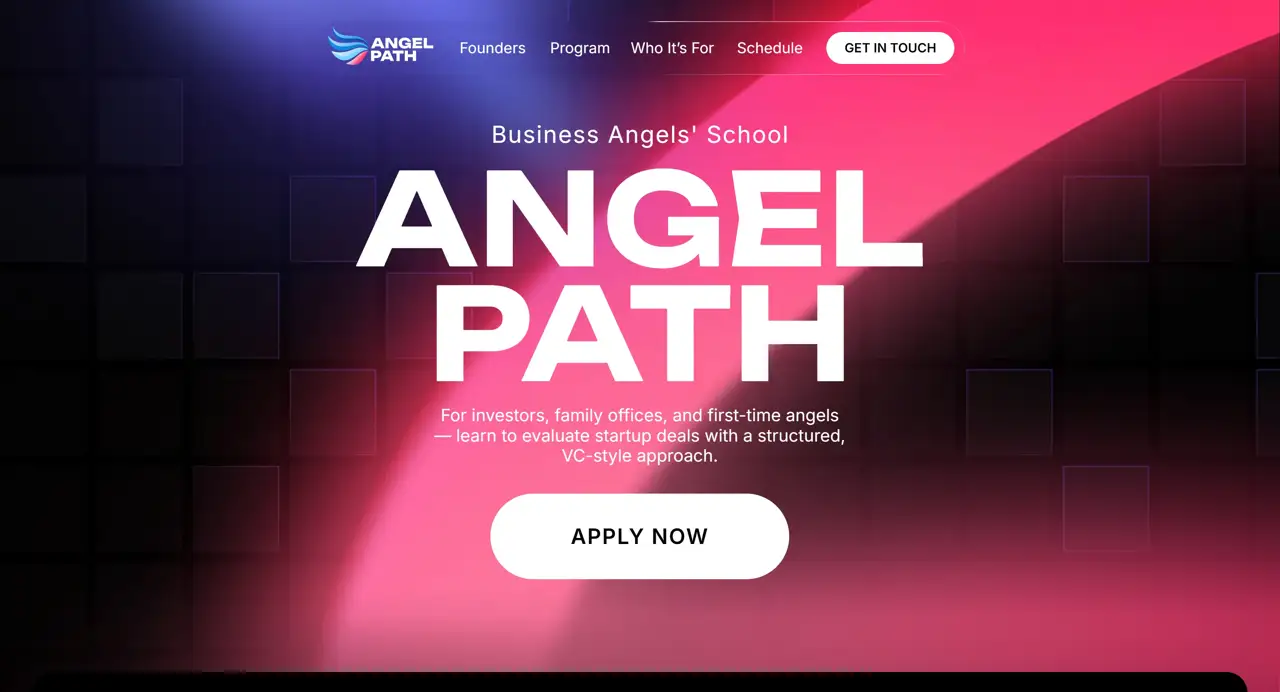 Секция «Первый экран» с сайта https://angelpath.vc/, тематика — Бизнес и профессиональные услуги, цвета — Черный, Красный, Розовый, стиль — Корпоративный, Типографика, типографика — Без засечек, Декоративные