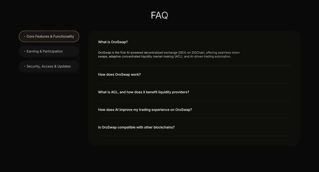 Секция «FAQ» с сайта https://www.oroswap.org/, тематика — Крипто  и блокчейн, цвета — Черный, стиль — Минимализм, типографика — Без засечек