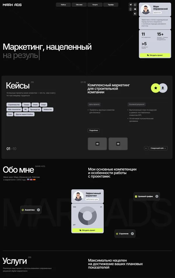Лендинг Mark Ads, тематика — Маркетинг, цвета — Белый, Черный, стиль — Корпоративный, Минимализм, типографика — Без засечек