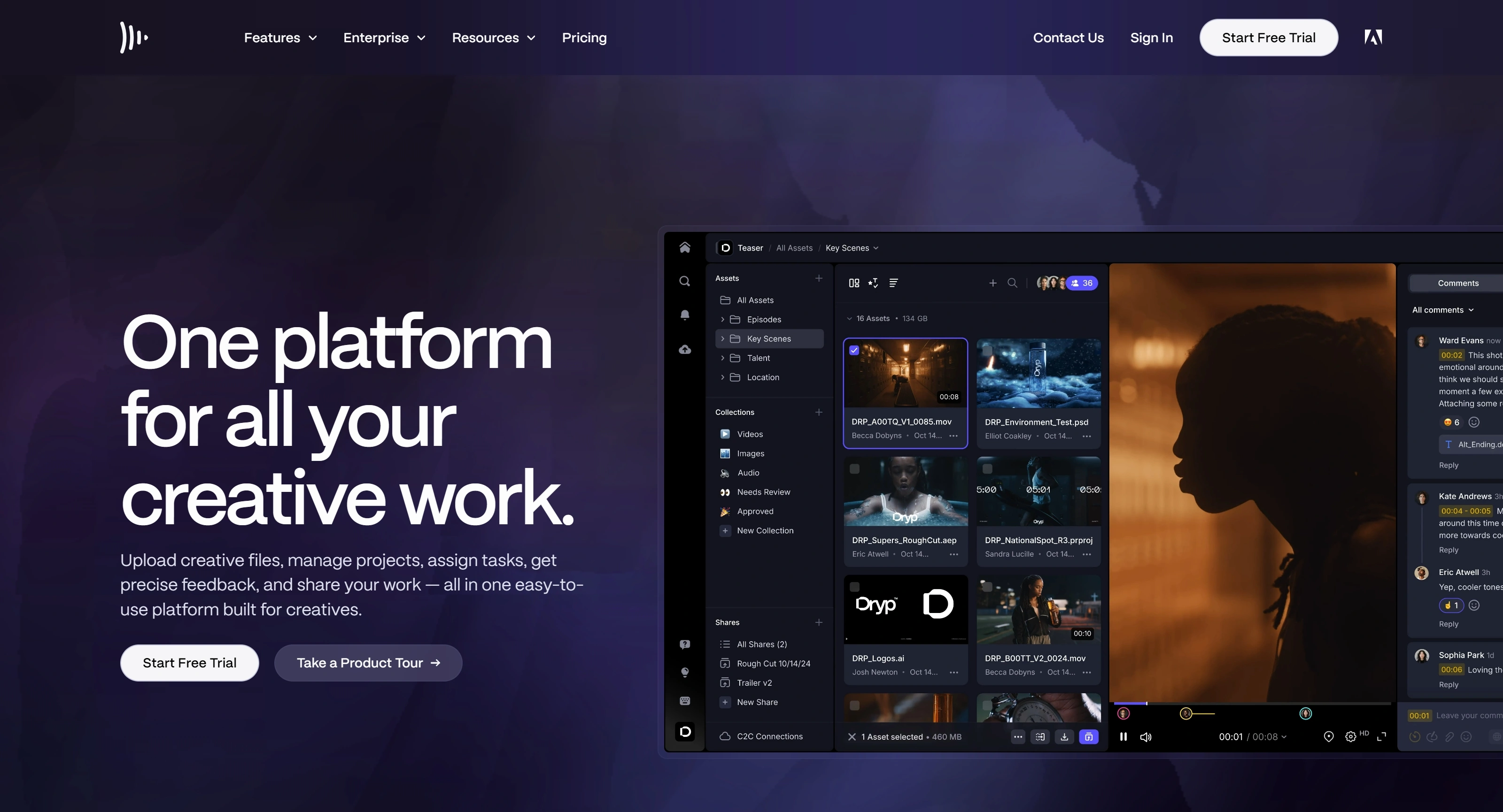Frame.io Секция «Первый экран» с сайта https://frame.io/, тематика — Медиа, IT и программное обеспечение, цвета — Черный, стиль — Корпоративный, типографика — Без засечек