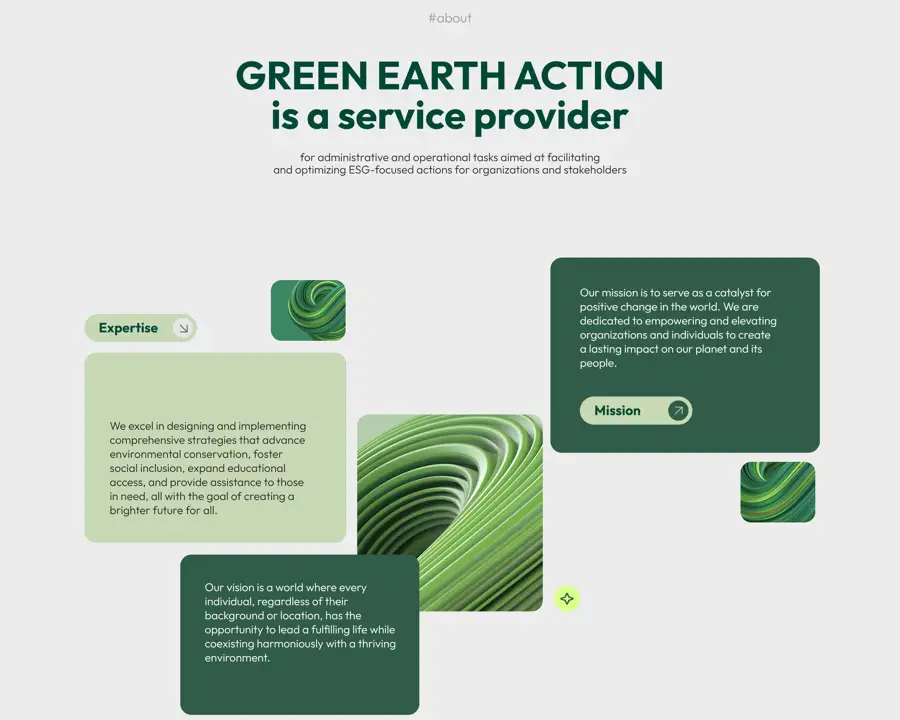 Секция «О компании» с сайта https://greenearthaction.tilda.ws/, тематика — Некоммерческая деятельность, цвета — Белый, Серый, Зеленый, стиль — Корпоративный, Карточный, Минимализм, Органический и природный, типографика — Без засечек