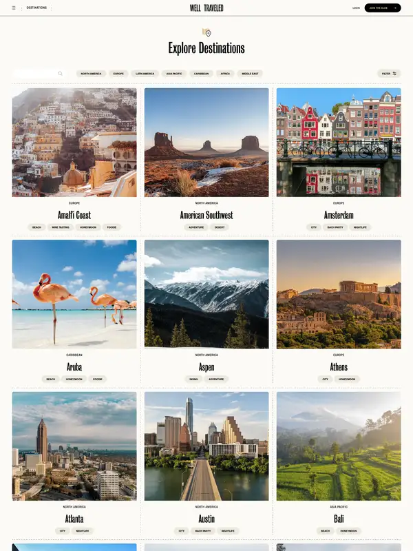 Каталог Well Traveled, тематика — Путешествия и туризм, цвета — Белый, Серый, стиль — Карточный, Минимализм, типографика — Без засечек