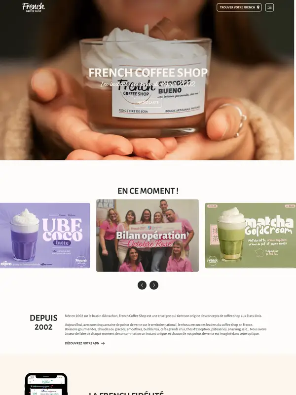 Главная French Coffee Shop, тематика — Еда и напитки, цвета — Белый, Черный, Серый, стиль — Карточный, Минимализм, типографика — Без засечек, Декоративные