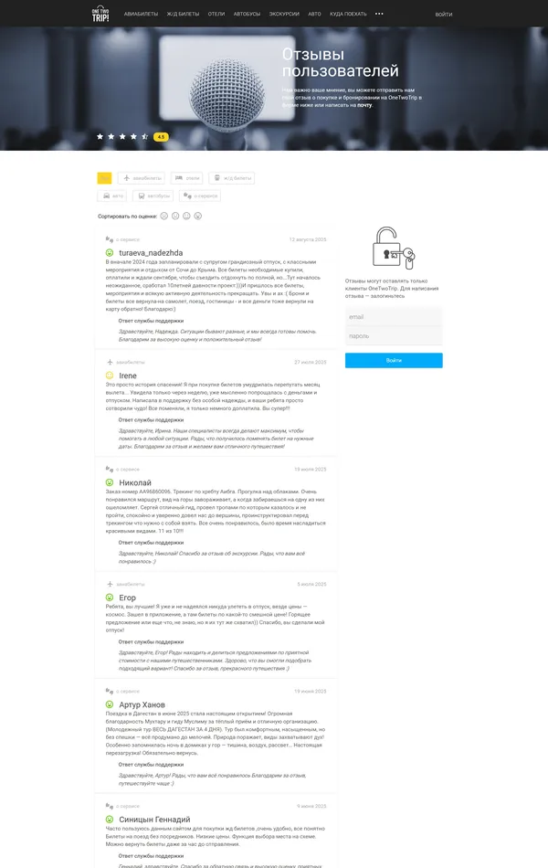Отзывы OneTwoTrip, тематика — Путешествия и туризм, цвета — Белый, Черный, стиль — Корпоративный, типографика — Без засечек