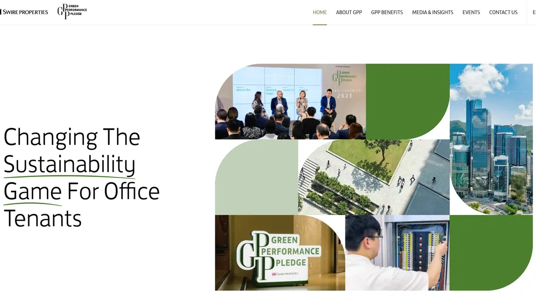 Секция «Первый экран» с сайта https://gpp.swireproperties.com/en/, тематика — Недвижимость, цвета — Белый, Серый, стиль — Корпоративный, Минимализм, типографика — Без засечек