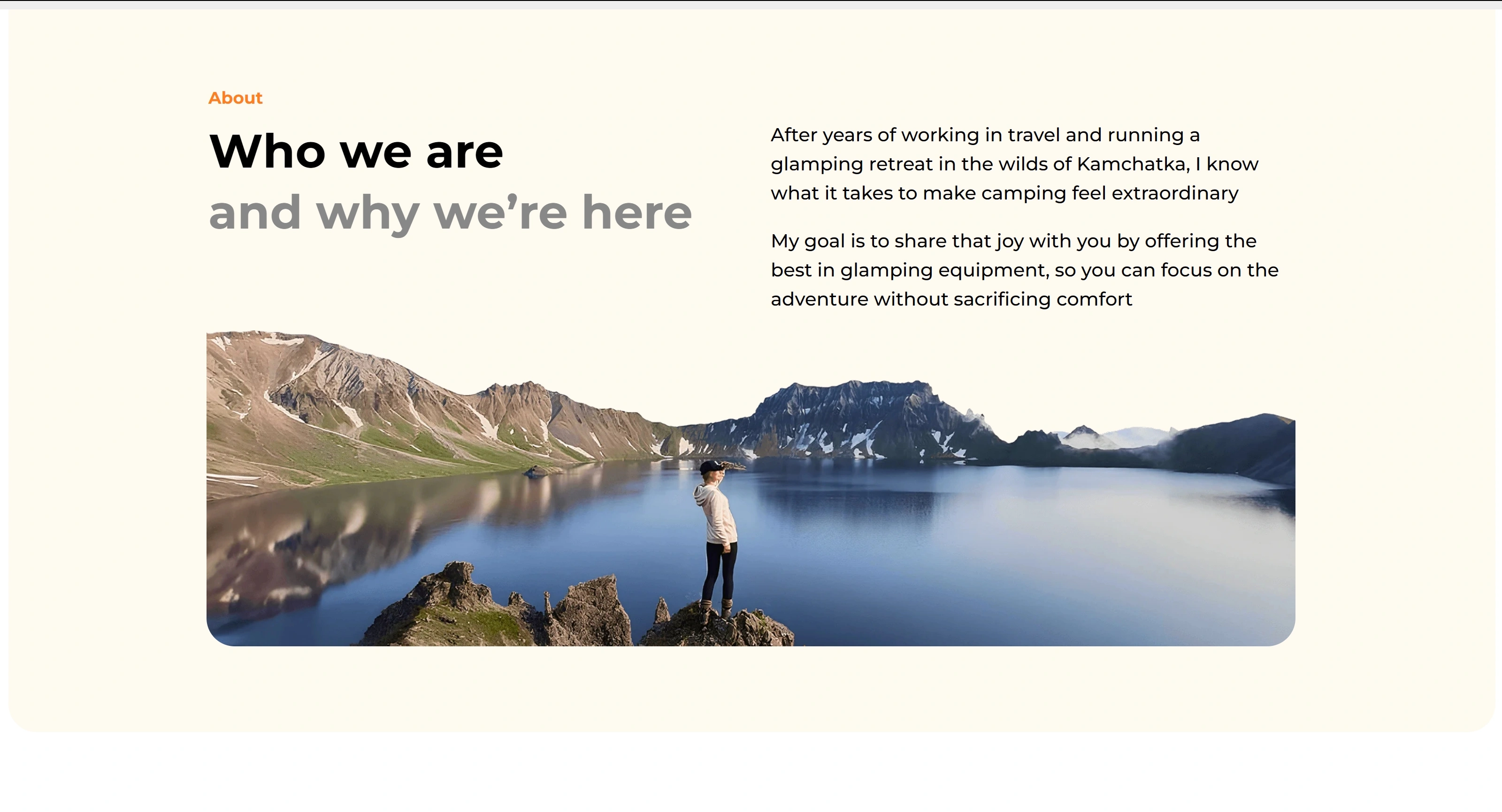 Glamp It Now Секция «О компании» с сайта https://glampitnow.com/, тематика — Размещение, цвета — Белый, Серый, стиль — Минимализм, типографика — Без засечек