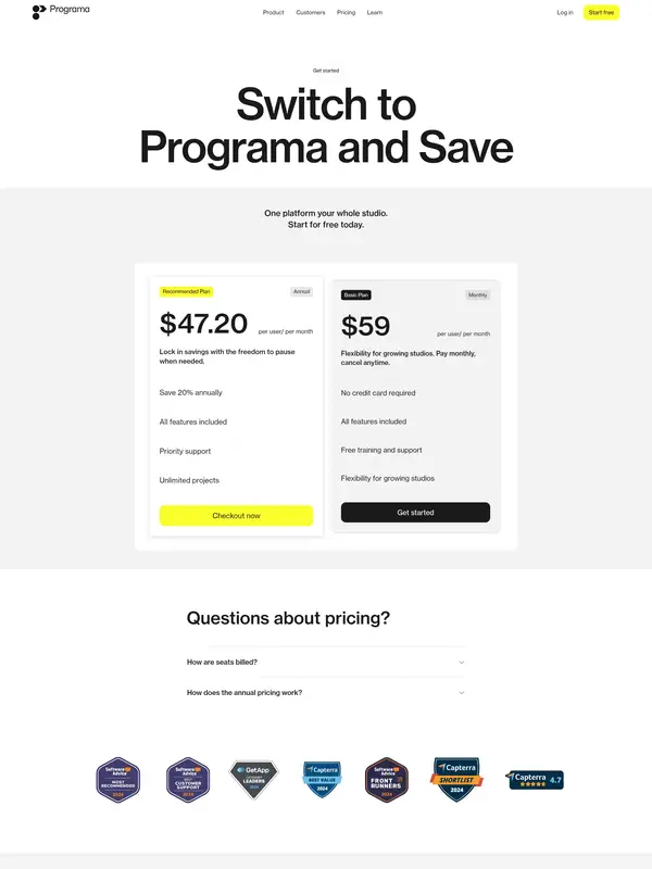 Лендинг Programa, тематика — SaaS, цвета — Белый, Черный, Серый, стиль — Корпоративный, Минимализм, типографика — Без засечек
