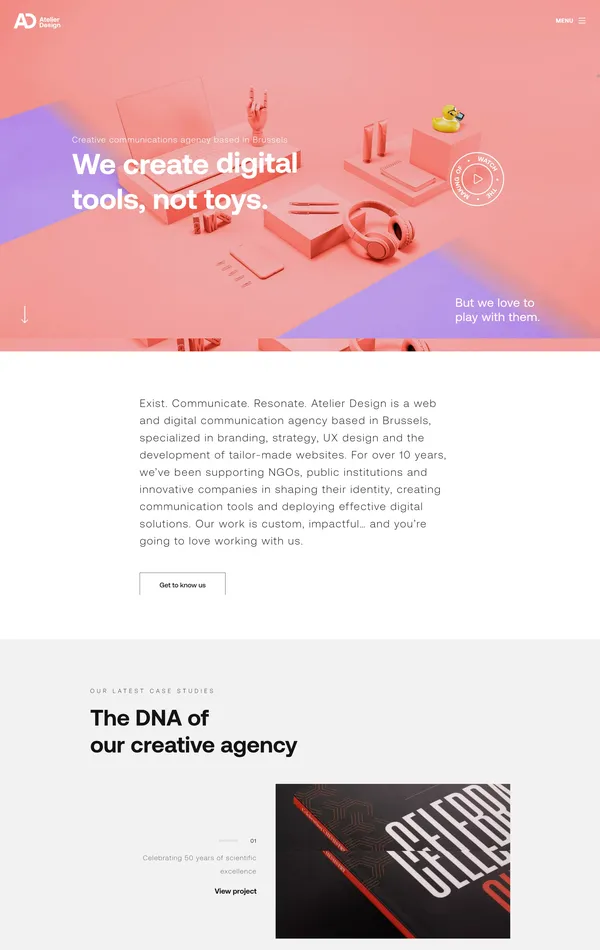 Главная Atelier Design, тематика — Агентство , цвета — Белый, Черный, Розовый, стиль — Корпоративный, Минимализм, типографика — Без засечек