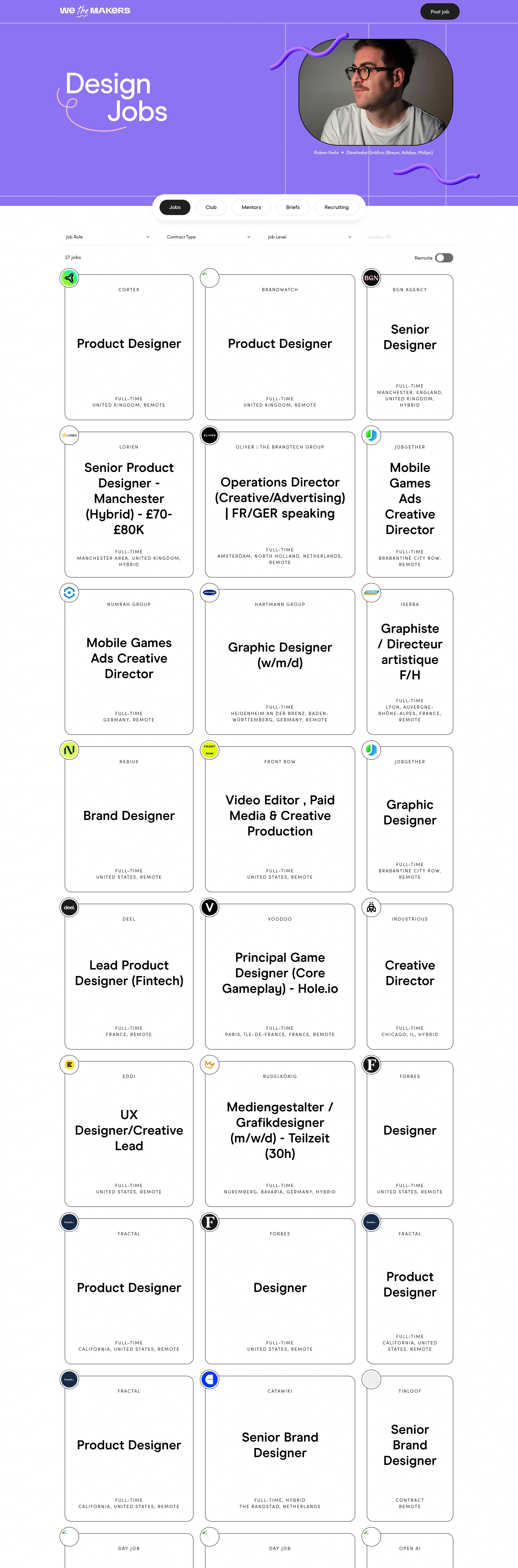 We the Makers Страница карьеры We the Makers, тематика — Комьюнити, цвета — Белый, Фиолетовый, стиль — Карточный, Минимализм, типографика — Без засечек, Декоративные
