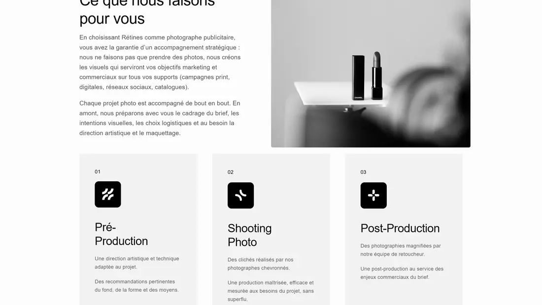 Секция «Услуги» с сайта https://retines.fr/, тематика — Дизайн, Бизнес и профессиональные услуги, цвета — Белый, стиль — Минимализм, типографика — Без засечек