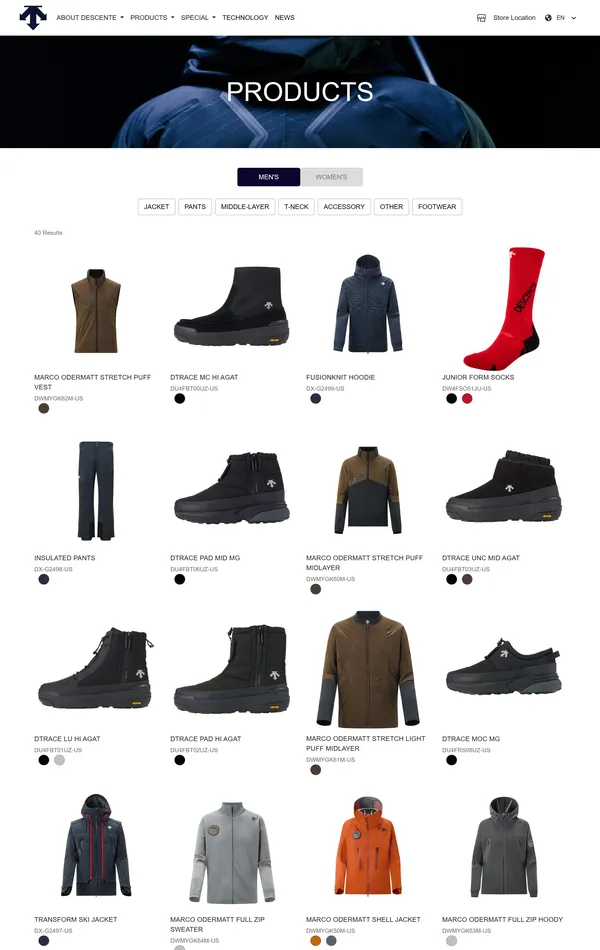 Каталог Descente, тематика — Интернет-магазин, Одежда, цвета — Белый, Черный, Серый, стиль — Корпоративный, типографика — Без засечек