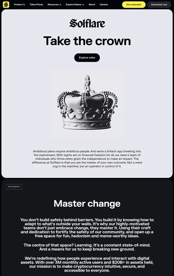 Страница карьеры Solflare, тематика — Крипто  и блокчейн, цвета — Белый, Черный, стиль — Корпоративный, Минимализм, типографика — Без засечек, Декоративные