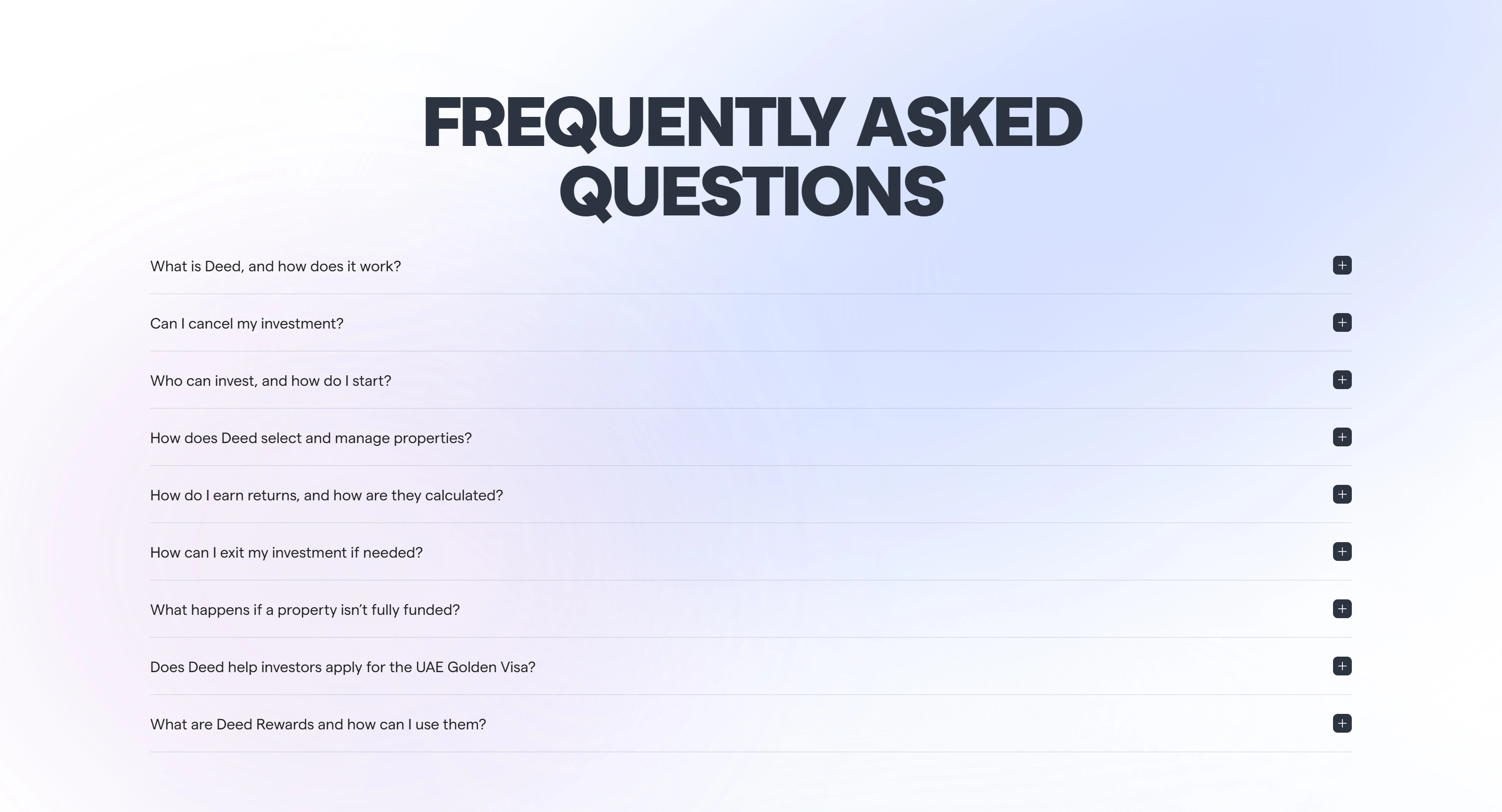 Deed Секция «FAQ» с сайта https://www.startdeed.com/, тематика — Недвижимость, цвета — Белый, стиль — Корпоративный, Минимализм, типографика — Без засечек