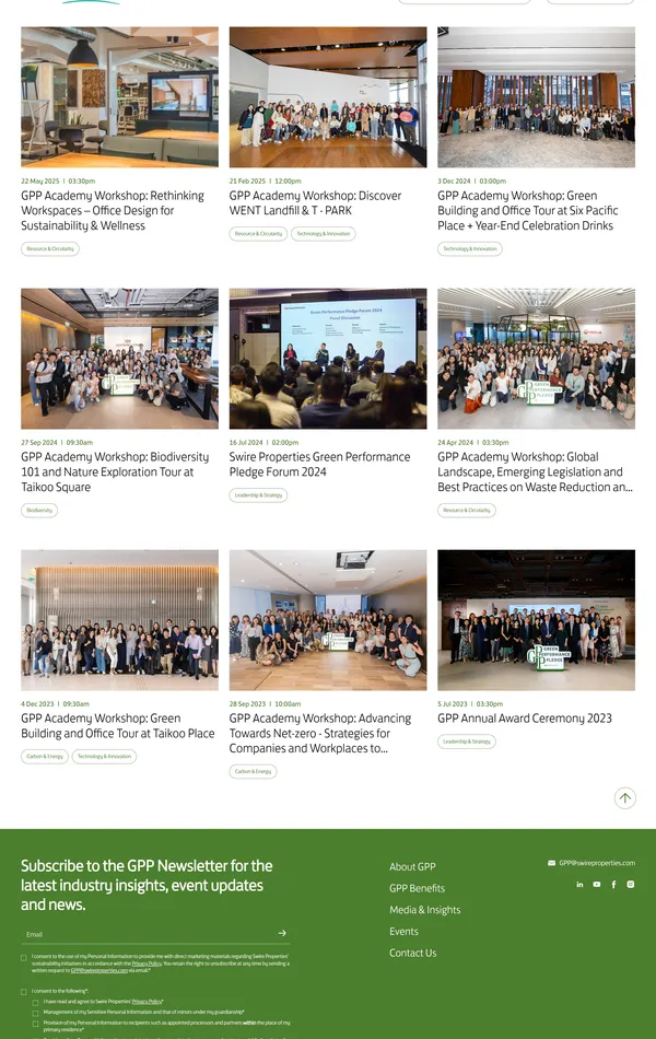 Блог Green Performance Pledge, тематика — Мероприятия, цвета — Белый, Серый, Зеленый, стиль — Корпоративный, типографика — Без засечек