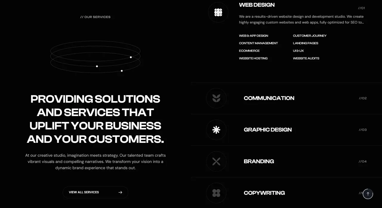 Секция «Услуги» с сайта https://dsgngroup.it/, тематика — Дизайн, цвета — Черный, стиль — Корпоративный, Минимализм, типографика — Без засечек