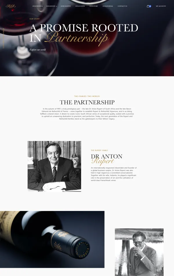 Страница о компании Rupert Rothschild Vignerons, тематика — Еда и напитки, цвета — Белый, Черный, стиль — Классический, Корпоративный, типографика — С засечками, Без засечек