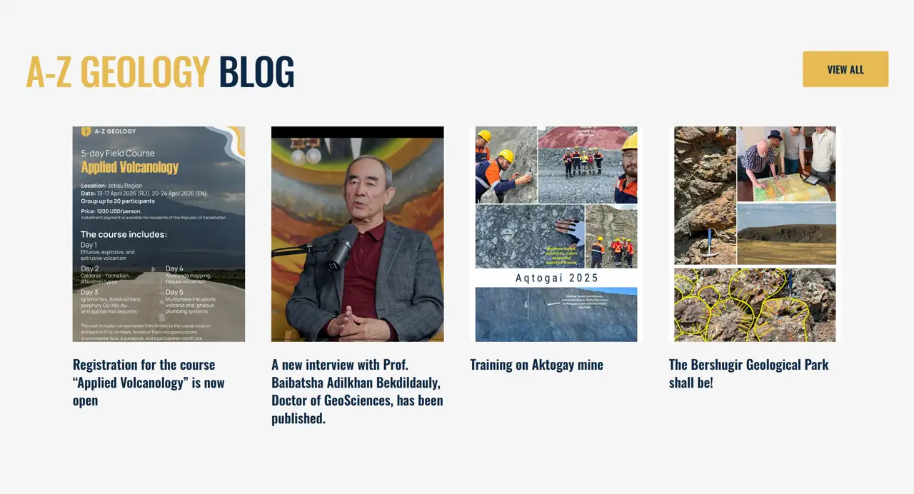 Секция «Блог» с сайта https://en.azgeology.kz/, тематика — Образование, цвета — Белый, Черный, Серый, стиль — Корпоративный, Карточный, типографика — Без засечек, Декоративные