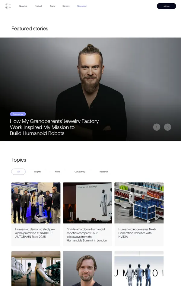 Новости Humanoid, тематика — IT и программное обеспечение, цвета — Белый, Черный, Серый, стиль — Корпоративный, Минимализм, типографика — Без засечек