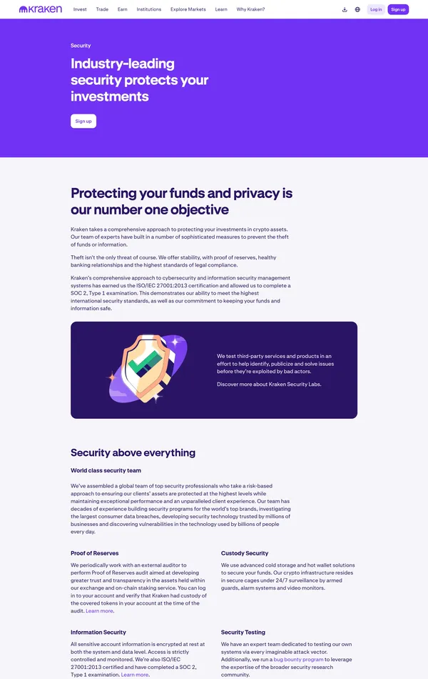 Страница о компании Kraken, тематика — Крипто  и блокчейн, цвета — Белый, стиль — Корпоративный, типографика — Без засечек