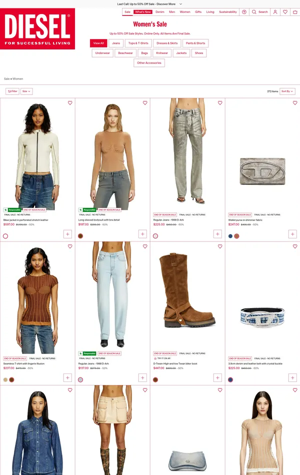 Каталог Diesel, тематика — Интернет-магазин, Одежда, цвета — Белый, Серый, стиль — Минимализм, типографика — Без засечек