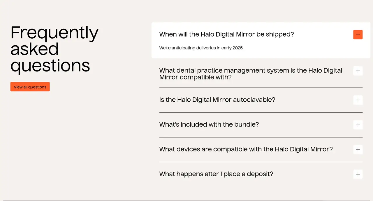 Секция «FAQ» с сайта https://halodental.com/, тематика — Здоровье и фитнес, цвета — Белый, стиль — Минимализм, типографика — Без засечек