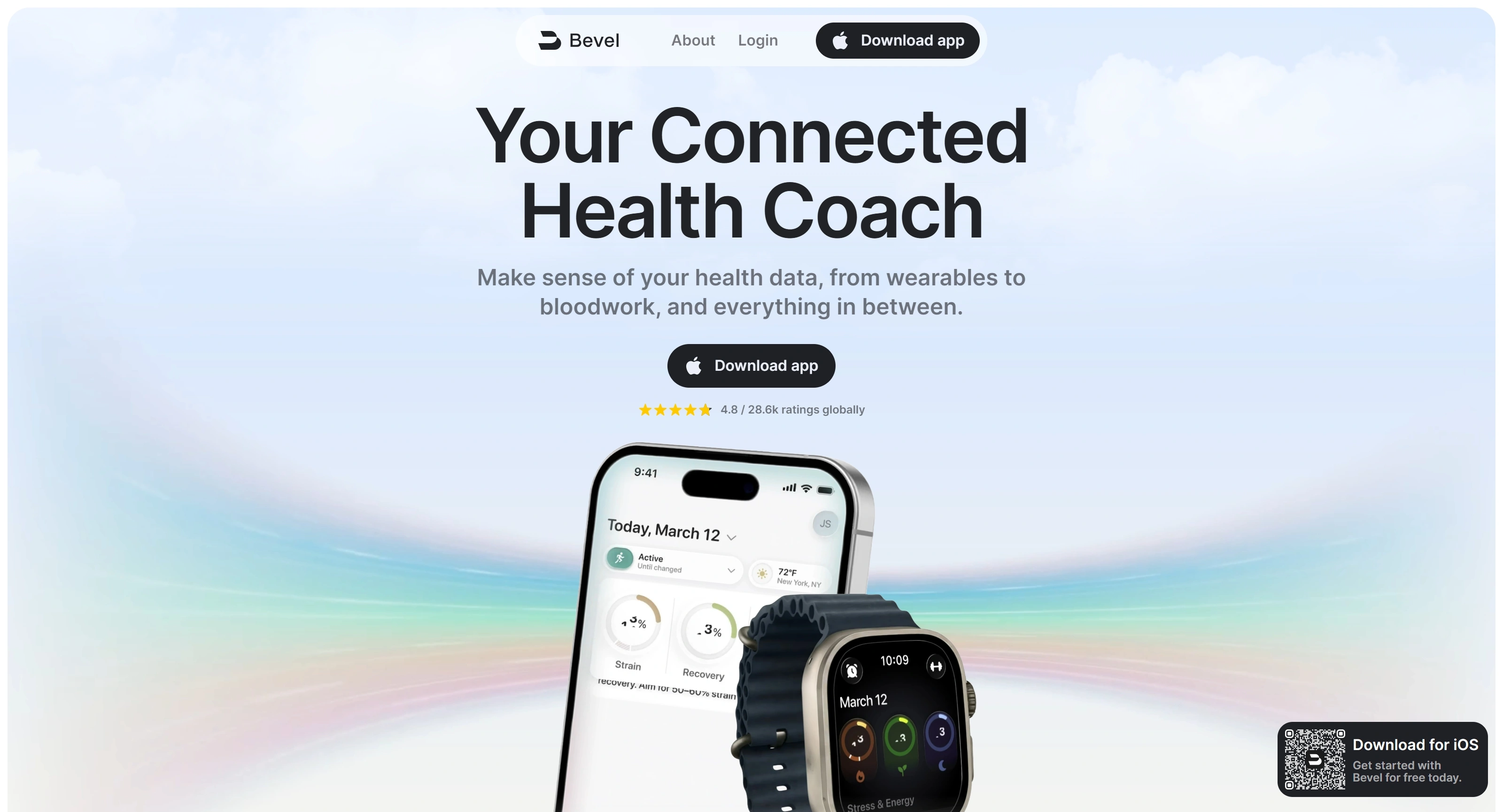 Bevel Секция «Первый экран» с сайта https://www.bevel.health/?r=0, тематика — Здоровье и фитнес, цвета — Белый, стиль — Корпоративный, Минимализм, типографика — Без засечек