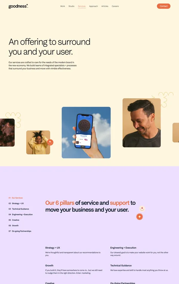 Страница о компании Goodness Inc., тематика — Бизнес и профессиональные услуги, цвета — Белый, стиль — Корпоративный, типографика — Без засечек