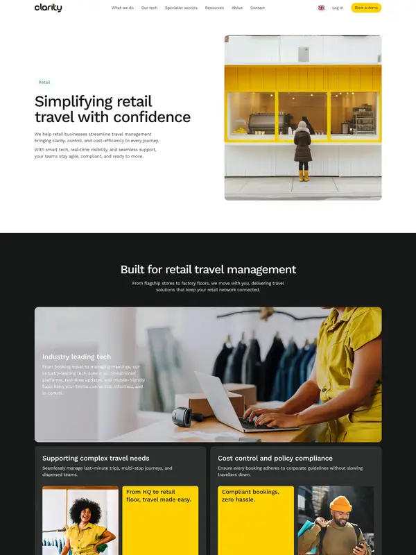 Лендинг Clarity Business Travel, тематика — Путешествия и туризм, цвета — Белый, Черный, Оранжевый, стиль — Корпоративный, Минимализм, типографика — Без засечек