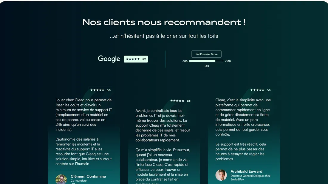 Секция «Отзывы» с сайта https://www.cleaq.com/, тематика — IT и программное обеспечение, цвета — Черный, стиль — Корпоративный, типографика — Без засечек