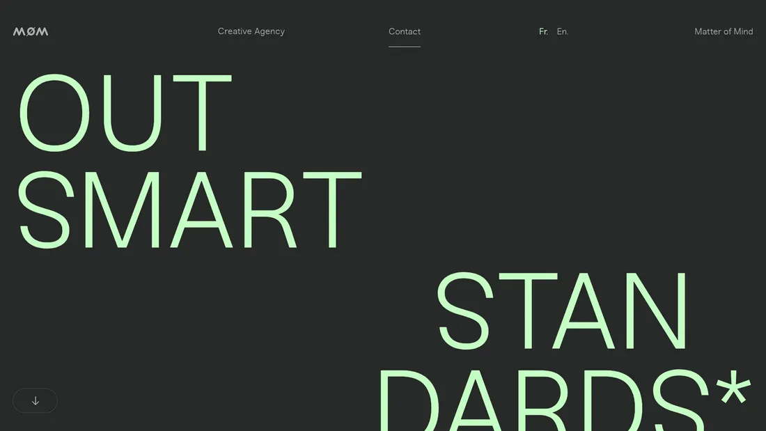 Секция «Первый экран» с сайта https://matter-of-mind.fr/fr/, тематика — Агентство , цвета — Черный, Серый, стиль — Корпоративный, Минимализм, типографика — Без засечек