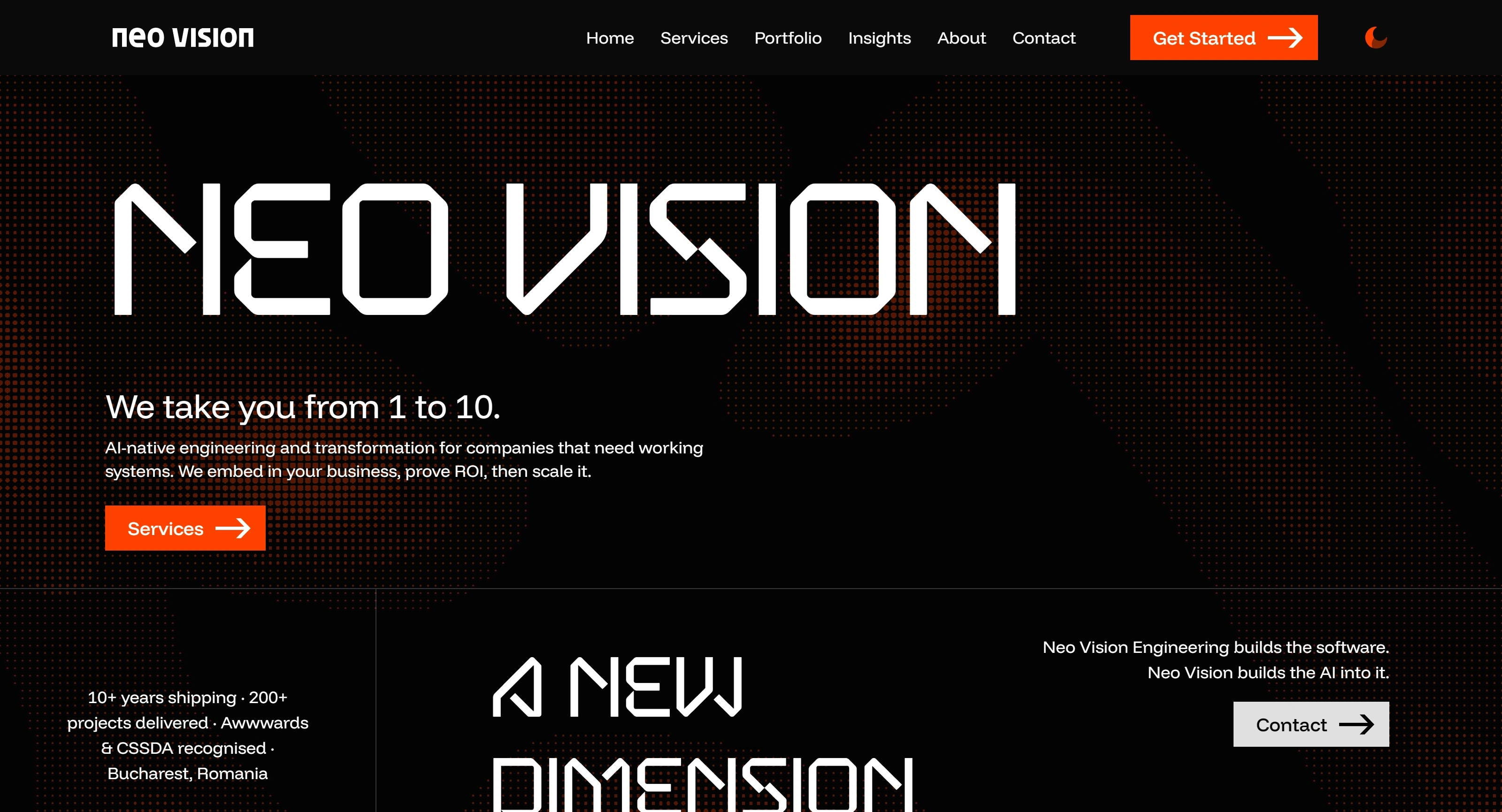 Neo Vision Секция «Первый экран» с сайта https://neovision.dev/, тематика — IT и программное обеспечение, цвета — Черный, стиль — Корпоративный, Минимализм, типографика — Без засечек, Декоративные