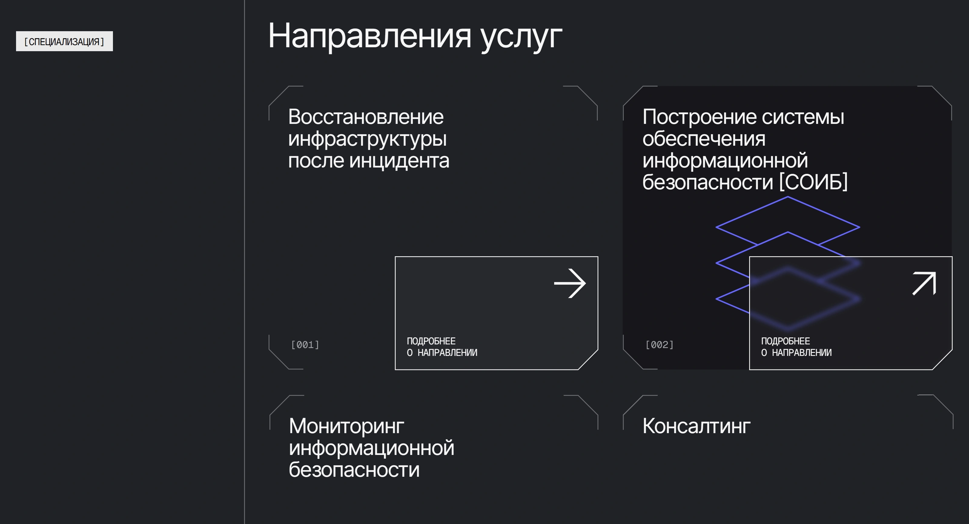 Кибертактика Секция «Услуги» с сайта https://cybertactica.ru/, тематика — IT и программное обеспечение, цвета — Черный, стиль — Корпоративный, типографика — Без засечек